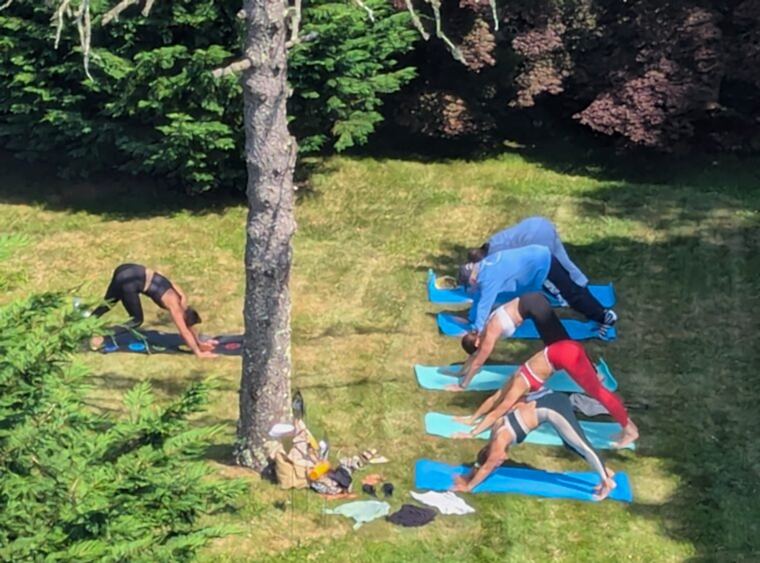 Yoga in June on the lawn at Nobnocket